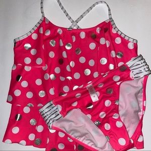 Hot pink 2 piece polkadotted swimsuit